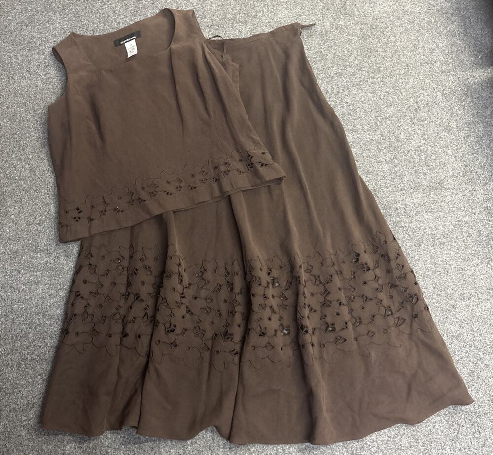 Jones New York Two Piece Floral Cut Skirt & Top Set Silk & Linen Blend Size 12